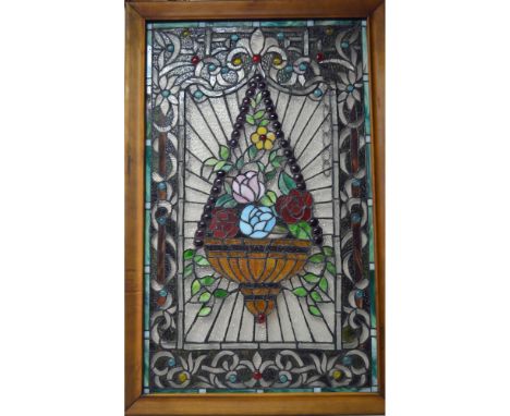 Vintage Stained Glass Window Panel, Hand-made with Multi-Color Glass, featuring a Vivid, Floral Design. Wood Frame, including