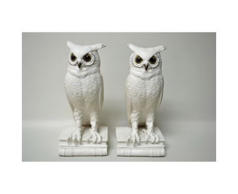 Bisque Porcelain Decorated, hand-created, hand-painted, early 1950, by Ed Boehm featuring a pair of Owls, standing on books, 