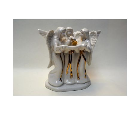 Fine Glazed Porcelain, Candleholder Figurine of a Trio of Angels. Ivory with gold accents, holiday elegance. Hallmark: FK001/