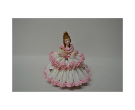 Pink and White Lace Porcelain, Dresden Germany, early 1900's. Figurine is seated in a chair holding a fan. Hallmark : Bottom,