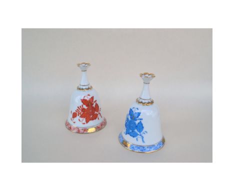 Glazed Porcelain Decorated, hand-created, hand-painted featuring a Blue and White Bell and a Rust and White Bell, each with F