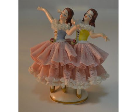 Glazed Porcelain Decorated, hand created, hand painted by the Artists of Dresden, featuring "The Twins Dancing", Circa 1900, 