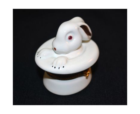 Porcelain Hand Created, Hand Painted (Peirt Main) Bunny Hat Box by Rochard. White Porcelain, Metal Hinges, for opening Top Ha