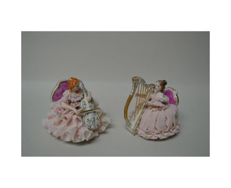 Irish Dresden Lace Figurines, featuring "Stephanie" the Celloist and "Christine" the Harpist. Beautiful detail Figurines in l