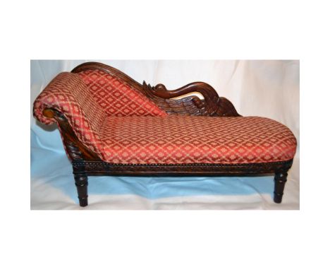 A High Quality Miniature Scale Sofa with Hand Carved Swans in Mahogany, Upholstered in Red and Gold Damask. Hand crafted by E