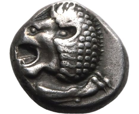 ANCIENT GREECE. MILETOS, IONIA. Silver diobol, circa 525-475 BC. Obv: forepart of lion right, head left. Rev: star-shaped flo