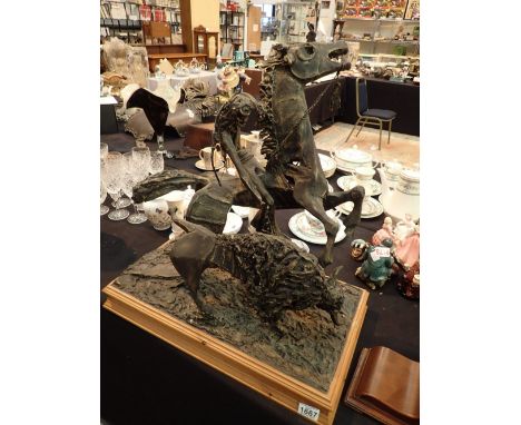 Large cast resin Native American Indian Buffalo hunting scene H: 50 cm