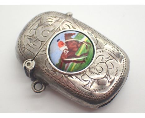 Hallmarked silver vesta case with enamel scene depicting a horse and rider