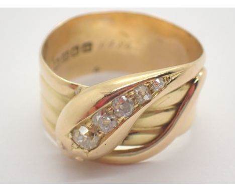 18ct gold diamond snake ring assay for 1871 size S CONDITION REPORT: The ring is fully hallmarked.The total weight is 9.2g. T