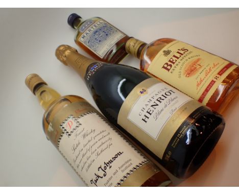 Bottle of Personal Choice Scotch whisky by Iain Faskine &amp; Assco bottle of Henriot champagne and two other bottles