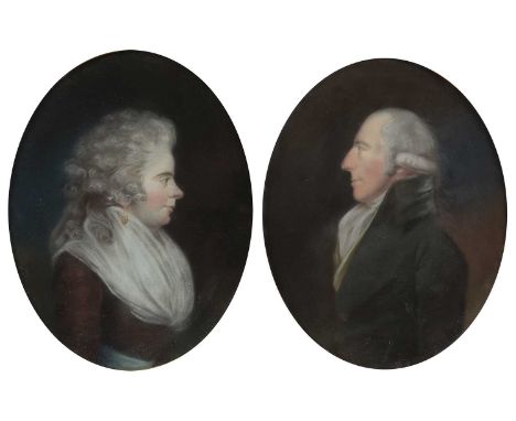 Circle of John Downman (1750-1824)Portrait of a lady with grey curly hair and wearing a white shawl and her male companion, a