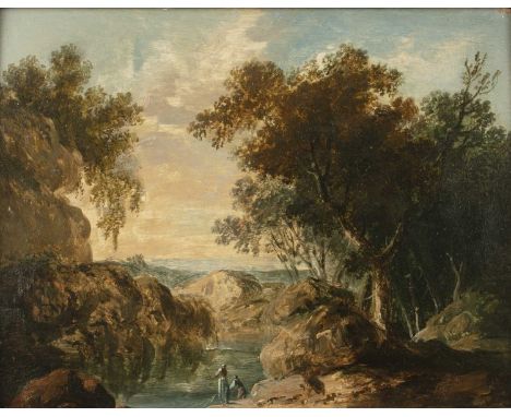 Attributed to Pier Paolo Anesi (1697-1773)A wooded rocky river landscape with figures, oil on panel, 21 x 27.5cmThe panel has