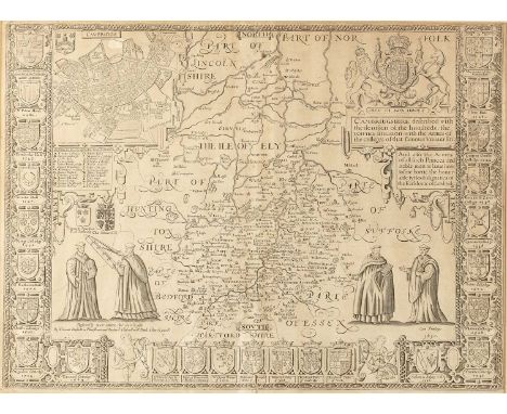John SpeedeMap of Cambridgeshire, engraving, decorated with aerial plan of Cambridge, figures, coats of arms and crests, Bass