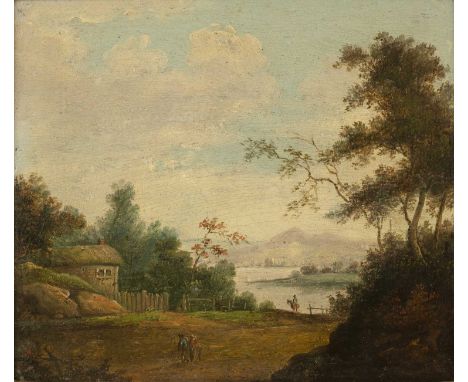 19th century English schoolLandscape with figures ploughing in a field, oil on panel, 12 x 14cm