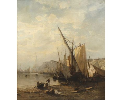 19th century English schoolFishing boats in a tranquil evening light, possibly Calais, indistinctly signed, oil on canvas, 90