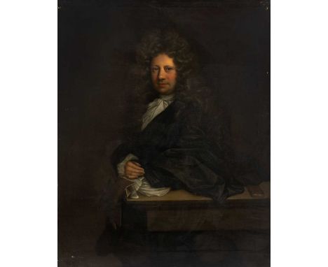 Circle of John Riley (1646-1691)Portrait of a gentleman wearing a long curly wig, his left arm resting upon a ledge with book