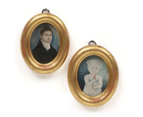 19th century English school *need CITES License*An oval miniature portrait of a gentleman, in black coat with white stock, an