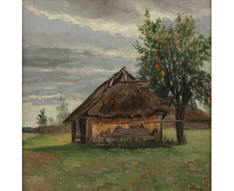 A * Fisher (20th century Russian school)'Autumn in the Kikerino Village', signed in cyrillic and dated 1917, inscribed verso,