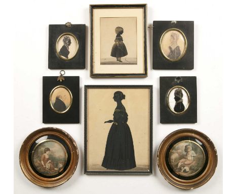 19th century English schoolFull length portrait of a lady standing and profferring a letter, silhouette with gilt highlights,