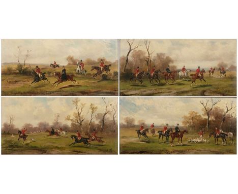 Rudolf Stone (1838-1914)'The Start', 'Taking the Fence', 'The Hunt in Full Cry' and 'The Kill', a set of four, signed, oils o