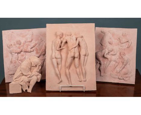 Paul Day (British, b.1967)Three standing nudes, signed, terracotta relief plaque, 39cm x 28.5cm; together with two further pl