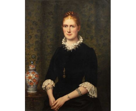 Attributed to Francis Lane (act. 1864-1870)Portrait of an elegant young lady in an interior with imari vase alongside, signed