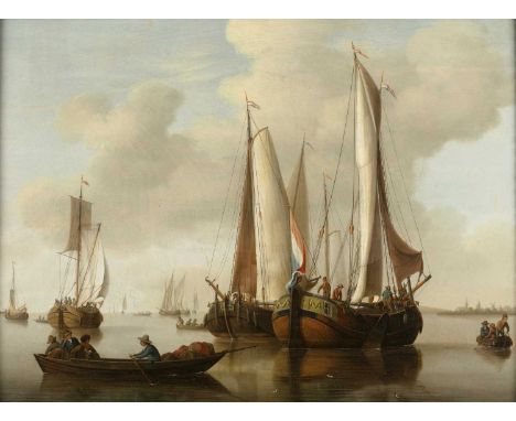 Manner of Peter MonamyDutch sailing vessels and fisherfolk in a calm sea, oil on panel, 29.5 x 39cm