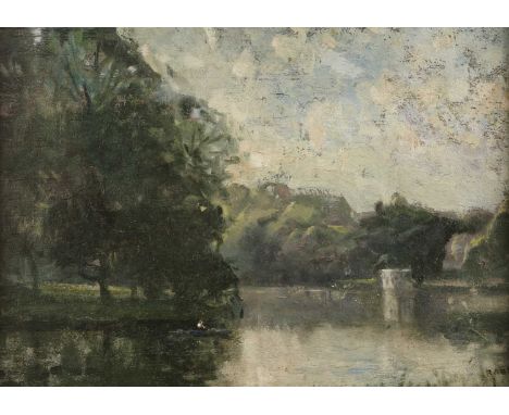 William George Robb (1872-1940)The Lake in Mote Park, Kent, signed, oil on panel, inscribed verso, 23.5 x 34cm; and a further