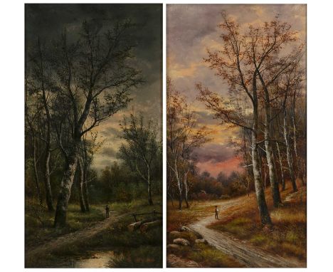 S * WilliamA traveller on a wooded pathway, dawn and dusk, a pair, each signed, oils on panel, 47 x 24cm (2)