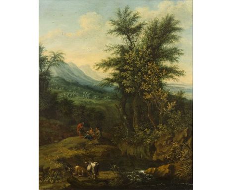 Circle of Nicholaes Berchem (1620-1683)Landscape with farm hands and cattle beside a pool, oil on canvas, 70.5 x 57.5cmHas be