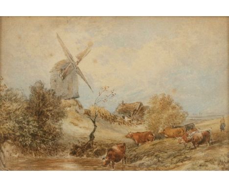 19th century English schoolCattle watering before a windmill, watercolour, 11 x 17cm; a further small 19th century watercolou