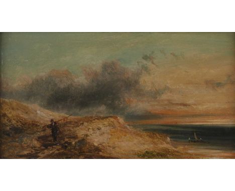 Attributed to Henry Moore (1831-1895)A fisherman off the coast at sunset, oil on panel, 14 x 25.5cm