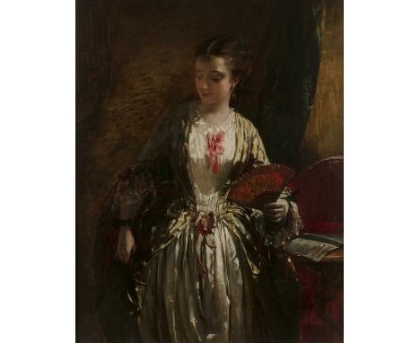 Circle of William Powell Frith (1819-1909)A young lady with fan in an interior, oil on canvas laid onto panel, 50.5 x 39cmMin