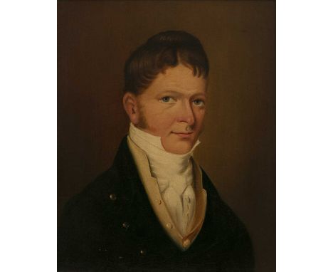 English school (early 19th century)Portrait of a lady wearing ribbon tied and lace trimmed bonnet, and her male companion, a 