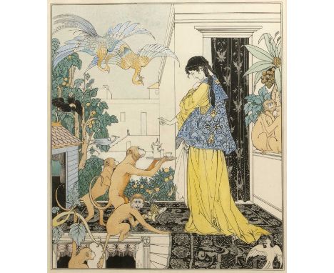 Eric B George (b. 1881)Monkeys serving tea on a terrace, signed with initials and dated 1912, pen, ink and watercolour, 30.5 