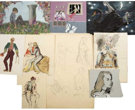 K Celia Wood (20th century)Story time, signed, gouache, 24 x 28cm; together with a collection of further works by the same ha