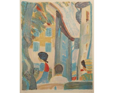 Roger Montané (1916-2002)Abstract people and buildings, signed and no. 73/150 in pencil to the margin, lithograph, 43.5 x 54.