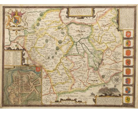 John SpeedeLeicester, engraving with inset aerial plan of the town and coats of arms to the side border, Roger Rea, 38 x 51cm