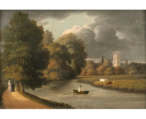19th century English schoolOxford river landscape with distant view of Magdalen College, oil on panel, 26.5 x 40cm