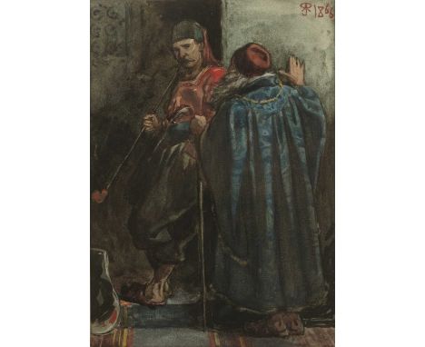19th century English schoolInterior with two Eastern figures, signed with monogram and dated 1866, watercolour, 17.5 x 12cm; 