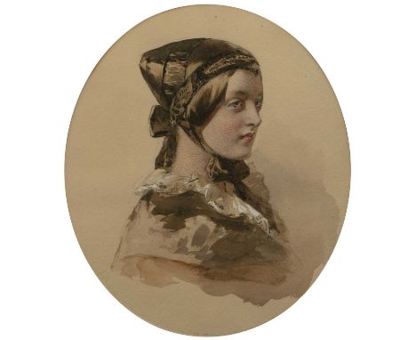 19th century Continental schoolBust length portrait of a young girl with ribbon tied headdress and wearing a shawl, watercolo