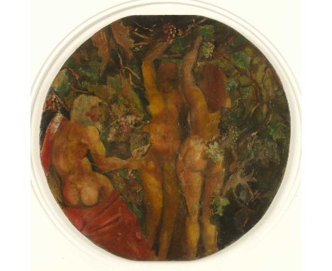 English SchoolHarvesting the grapes, oil on panel, 22cm tondo