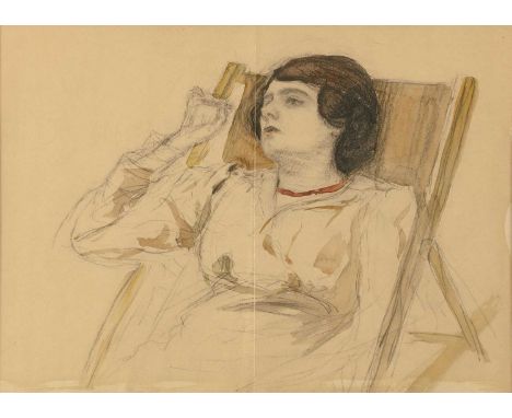 Attributed to Emile Boizot (1897-c.1932)Portrait of a woman in a deck chair, pencil and watercolour, 24 x 33.5cm