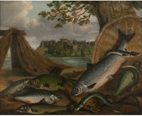 John Thomas Woodhouse (1780-1845)River landscape with fish, Windsor Castle in the distance; and fish on a river bank, a pair,
