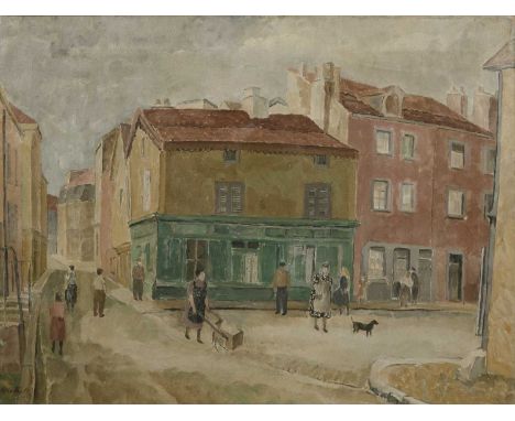 Katherine Hartnell (1886-1965)A Busy Street Corner, signed, oil on canvas, 45 x 60cmCanvas is loose on stratchers, with a pus