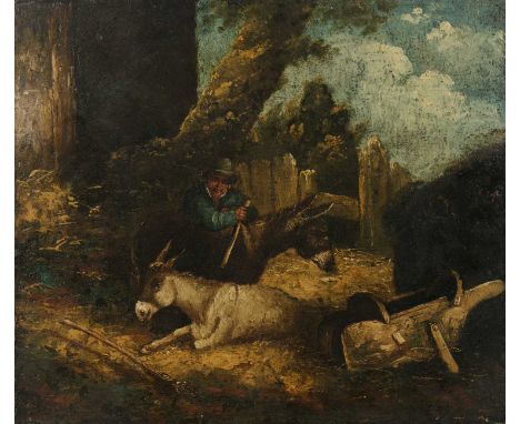 Circle of George Morland (1762/3-1804)A farmer at rest with donkeys by a stile, oil on panel, 30 x 35cm, unframed
