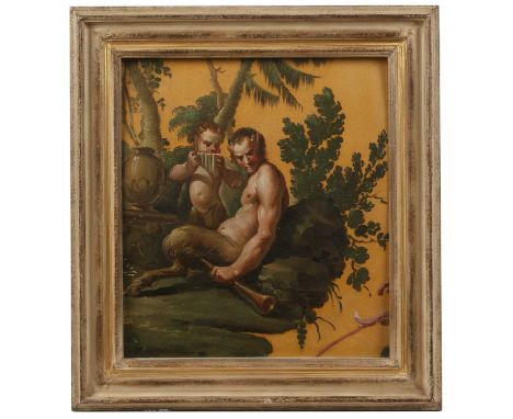 18th century Italian schoolA cherub serenading Pan on a rocky outcrop, oil on panel, 32.5 x 28.5cmThe panel is warped/bowed. 
