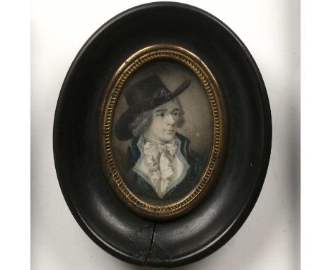 19th century Continental schoolPortrait of a gentleman finely dressed and wearing a black hat, on ivory, 5 x 3.5cm; a late 19