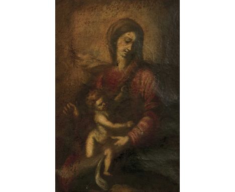 17th century Spanish schoolThe Virgin mother and child, oil on canvasCanvas is brittle, uneven and warped, and very thin in p