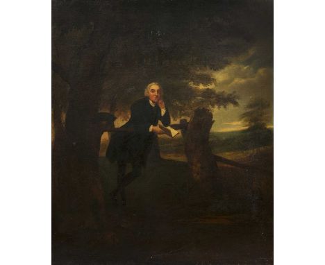 Circle of Arthur Devis (1712-1787)Portrait of a gentleman, full length leaning on a fence and holding a book in a country lan